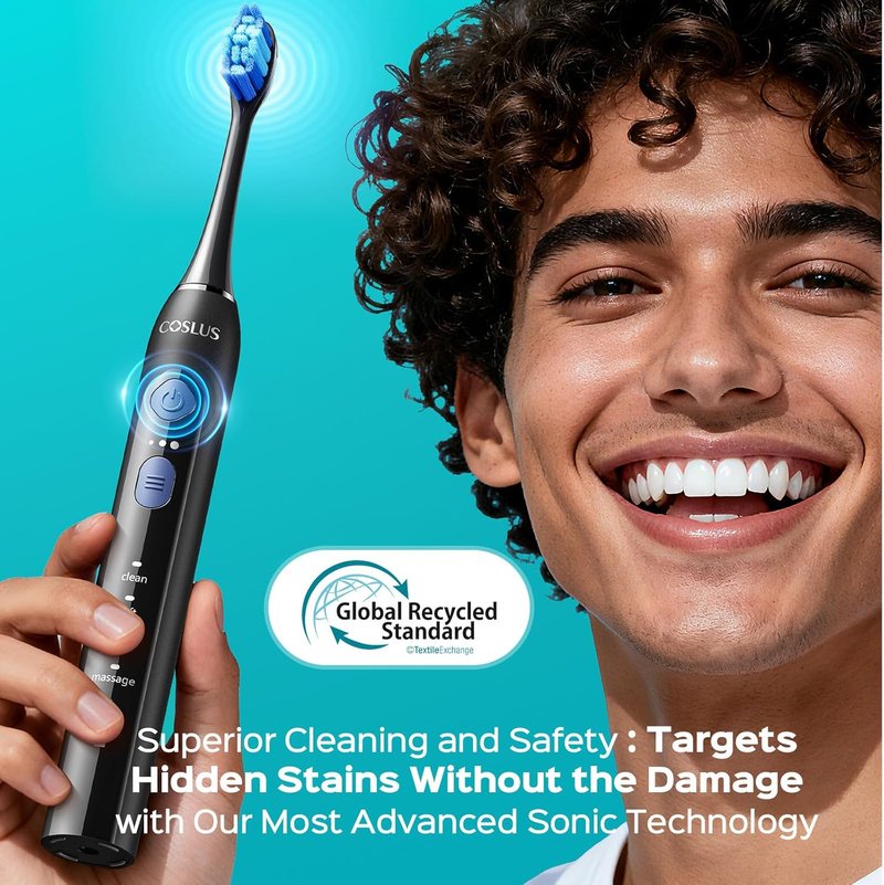 COSLUS C30 Electric Toothbrush - 3 Intensities & 5 Modes for Gentle Ultra-Clean Feel | Black, 1PC