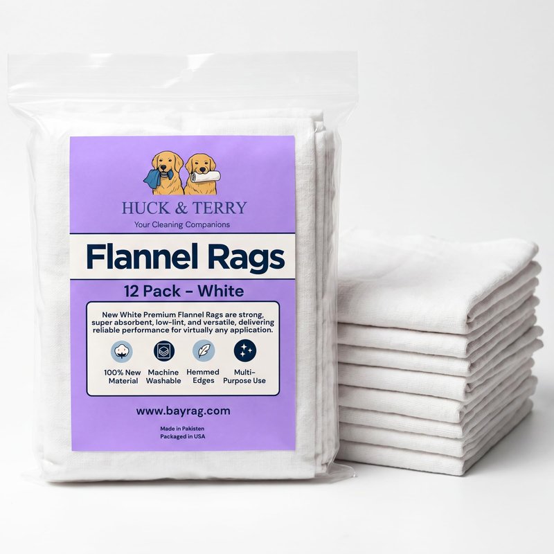 Huck & Terry White Flannel Cotton Rags, 12-Pack, 100% New Material, Multipurpose, Super Absorbent, Low Lint, Washable, Reusable