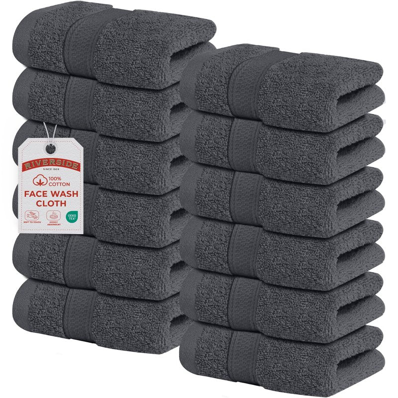 RIVERSIDE 12-Pack Premium 100% Cotton Charcoal Gray Face Towels for Bathroom [12x12] - Reusable Luxury Face Wash Cloths for Showering - 550 GSM Super Soft & Absorbent Washcloths for Body, Spa & Gym