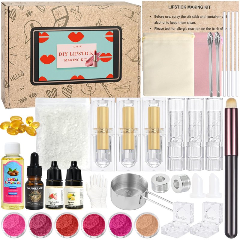 JUYRLE Lipstick Making Kit- 47Pcs DIY Matte Velvet Lipstick Set, Lip Gloss Kit, Make Your Own Lip Stain Kit with Beeswax Long-Lasting Quick-Drying Non-Stick Cup Lip Makeup Gift Kit for Women Beginner