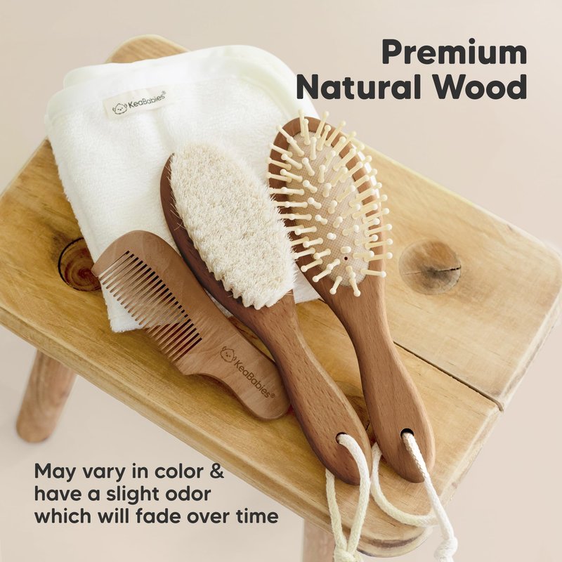 Baby Hair Brush Set for Newborns - Soft Goat Bristle Wooden Baby Brush and Comb Set Newborn Grooming Kit for Cradle Cap, Durable & Gentle, Boy, Girl Infant Essentials Care Kit (Regular, Dark Walnut)
