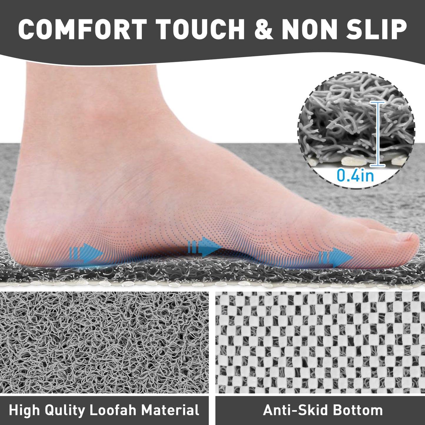 Darhoo Corner Anti Slip Shower Mat, 31.5 x 31.5 Inch Large Non Slip Shower Mats for Inside Shower, Soft Loofah Stand Up Shower Mat for Elderly, Grey