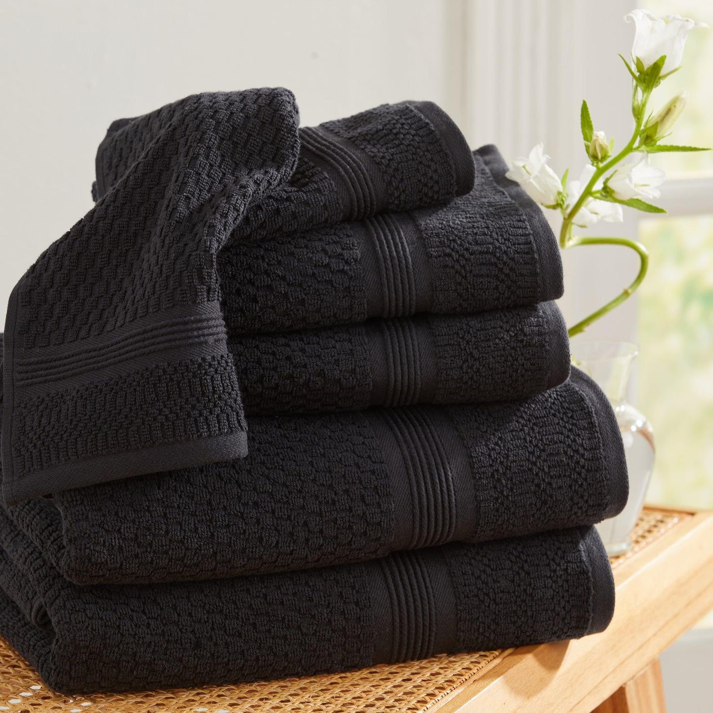 Market & Place 100% Cotton Waffle Weave 6 Piece Towel Set – Soft, Quick-Dry Bath, Hand & Washcloth Towels – Lightweight, Textured Bathroom Set – Black | Zoey Collection