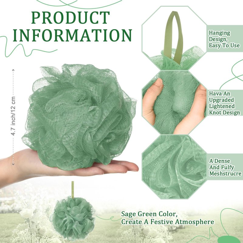 FuWeave 24 Pcs Bath Loofah Sponge Loofah Exfoliating Body Scrubber Shower Sponge 50g Mesh Pouf Balls Gift Basket for Baby Shower Women Men Bathing Accessories Wedding Gift Bucket(Sage Green)