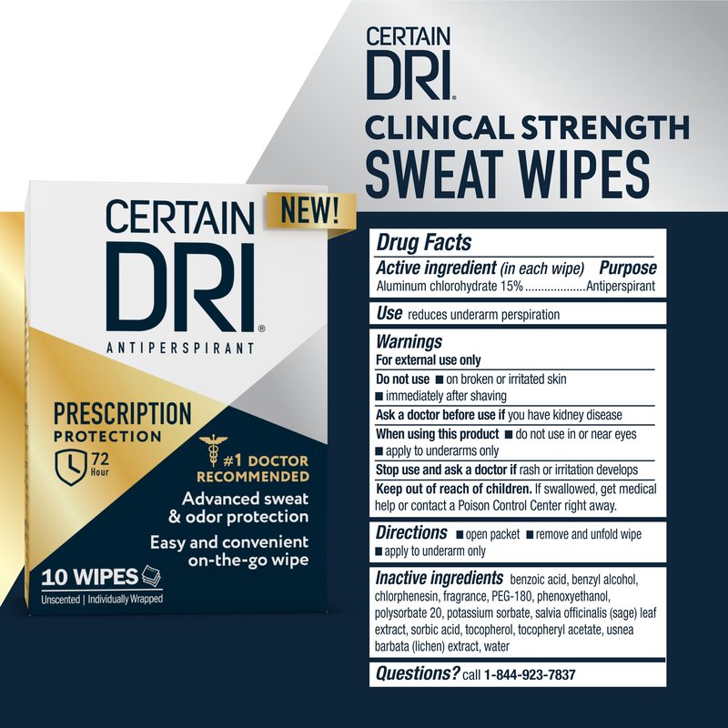 Certain Dri Antiperspirant Wipes for Excessive Sweating & Hyperhidrosis – 72HR Clinical Strength Odor & Perspiration Protection, Travel-Friendly, Dermatologist Recommended, (10 Count)