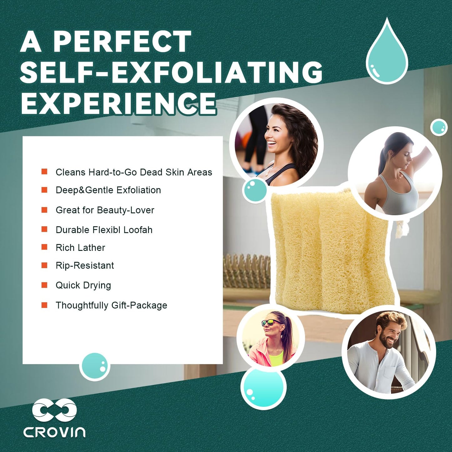 CROVIN Natural Shower Loofah Sponge Body Scrubber Pad that Leaves Your Body a Clean Scrubbed Feeling, Sweeping Dead Skin Cells Effectively as A Skin Exfoliator - 3 Count (1 Pack)