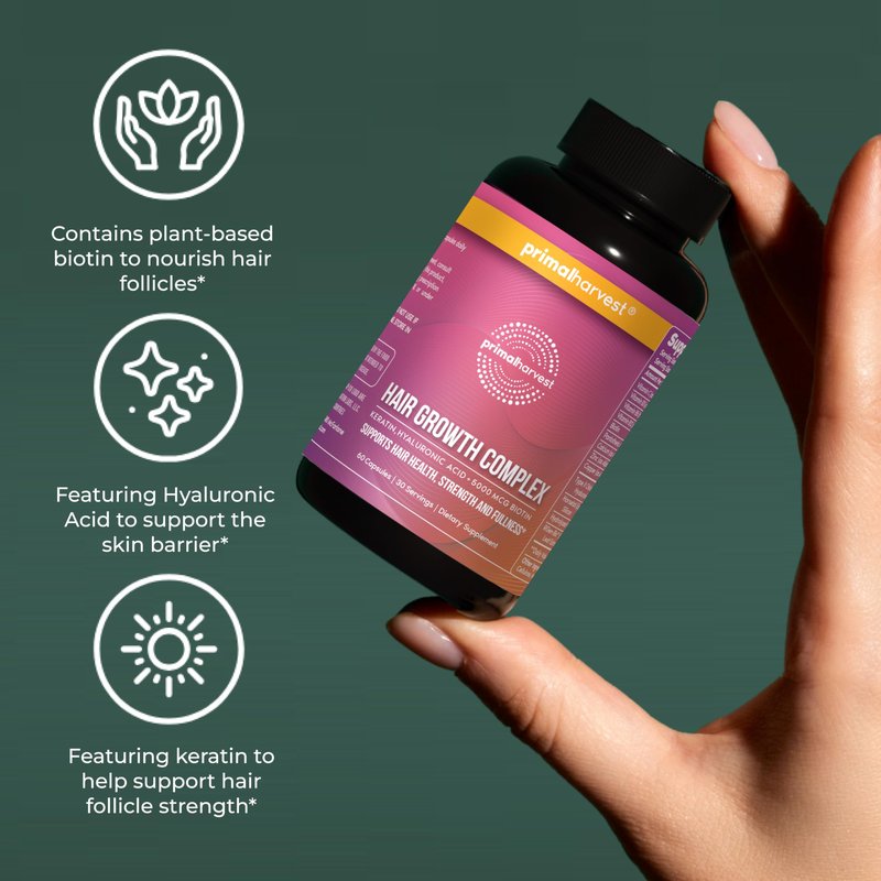 Primal Harvest Hair Growth Vitamins, Hair Growth for Women & Men - 60 Hair Growth Pills, Natural Hair Thickening Products for w/Biotin & Zinc - Hair Supplement, Regrowth Hair Vitamins