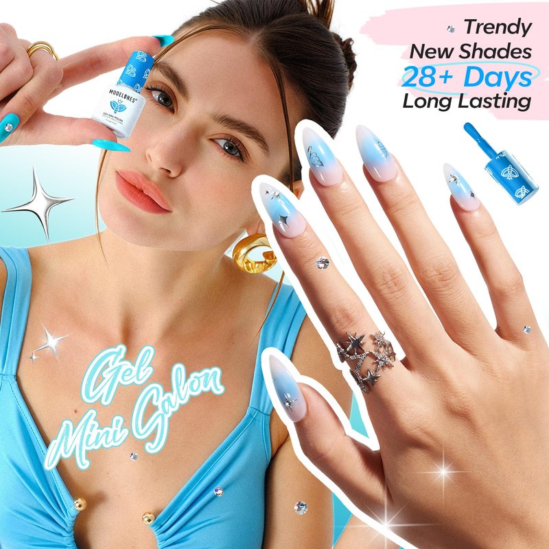 modelones Gel Nail Polish Kit White French Jelly Pink Winter Blue Ocean Gel Polish Set with 10 Pcs Nails Sponge for Ombre & Stickers, 4 Colors Gel Mini Salon Home DIY Trend Manicure Gift for Women