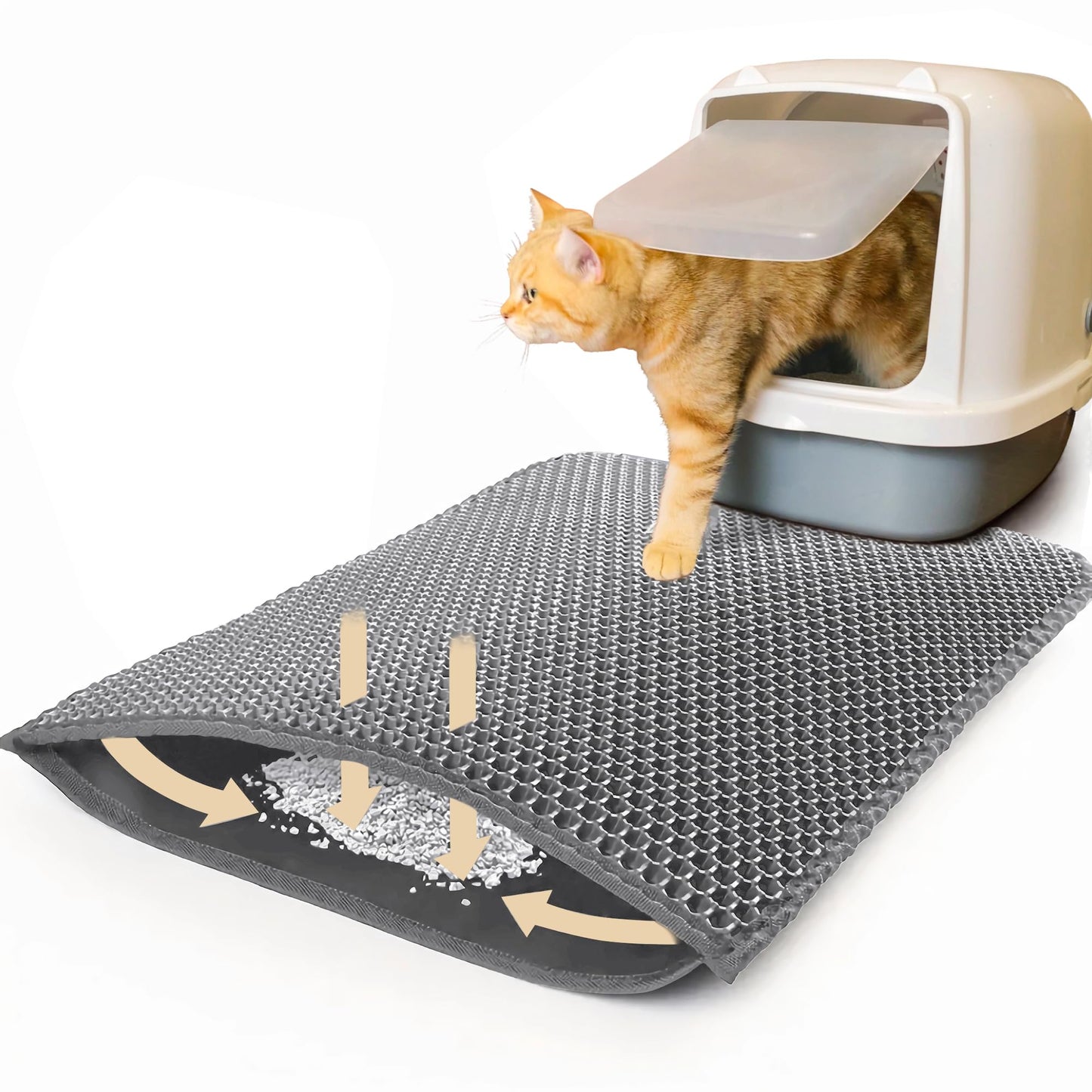 Tevanas cat litter mat extra large 24 x 36” urine waterproof, washable easy to clean cat litter box mat, honeycomb double layer non-slip litter trapping carpet, grey