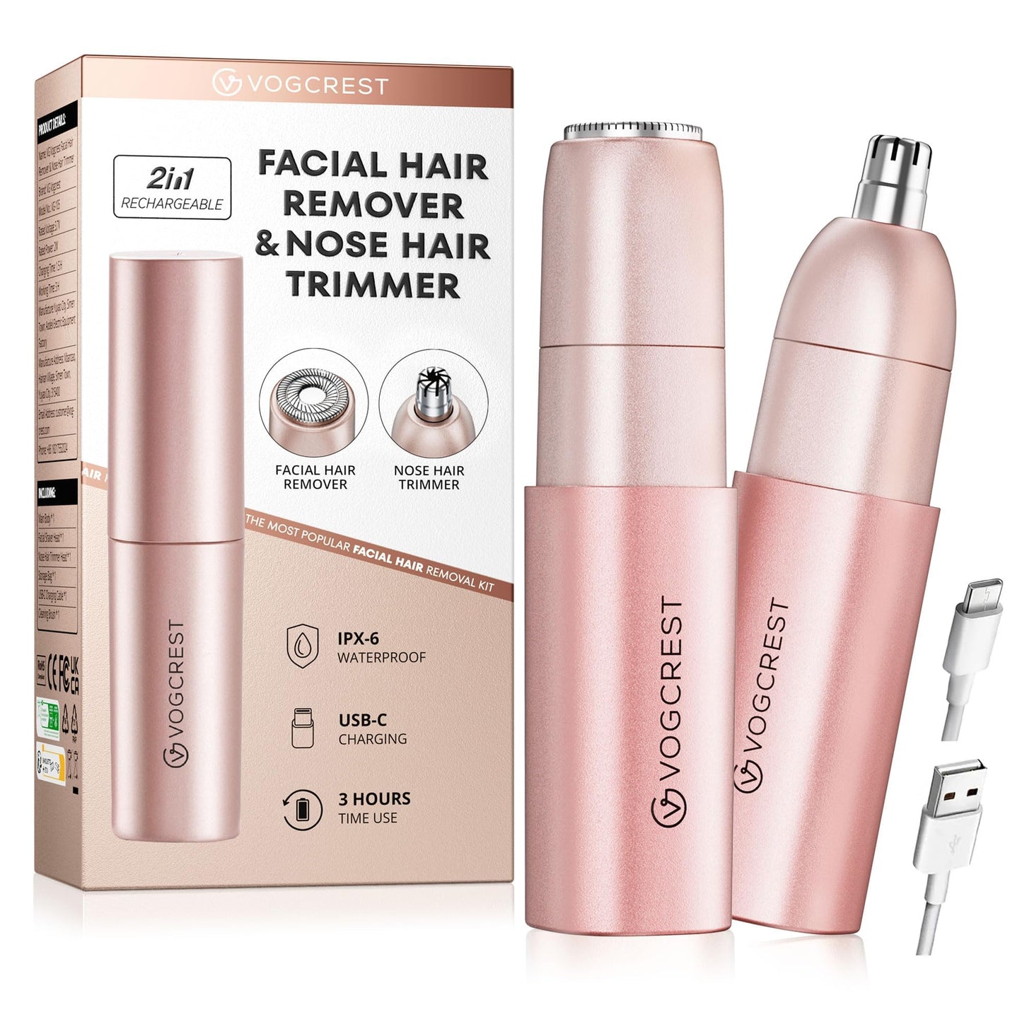 VG VOGCREST Facial - Nose Hair Remover Women: 2 in 1 Painless Electric Face Shaver and Nose Trimmer - Rechargeable Hair Removal Tool for Face Nose Ear Peach Fuzz Lips Chin