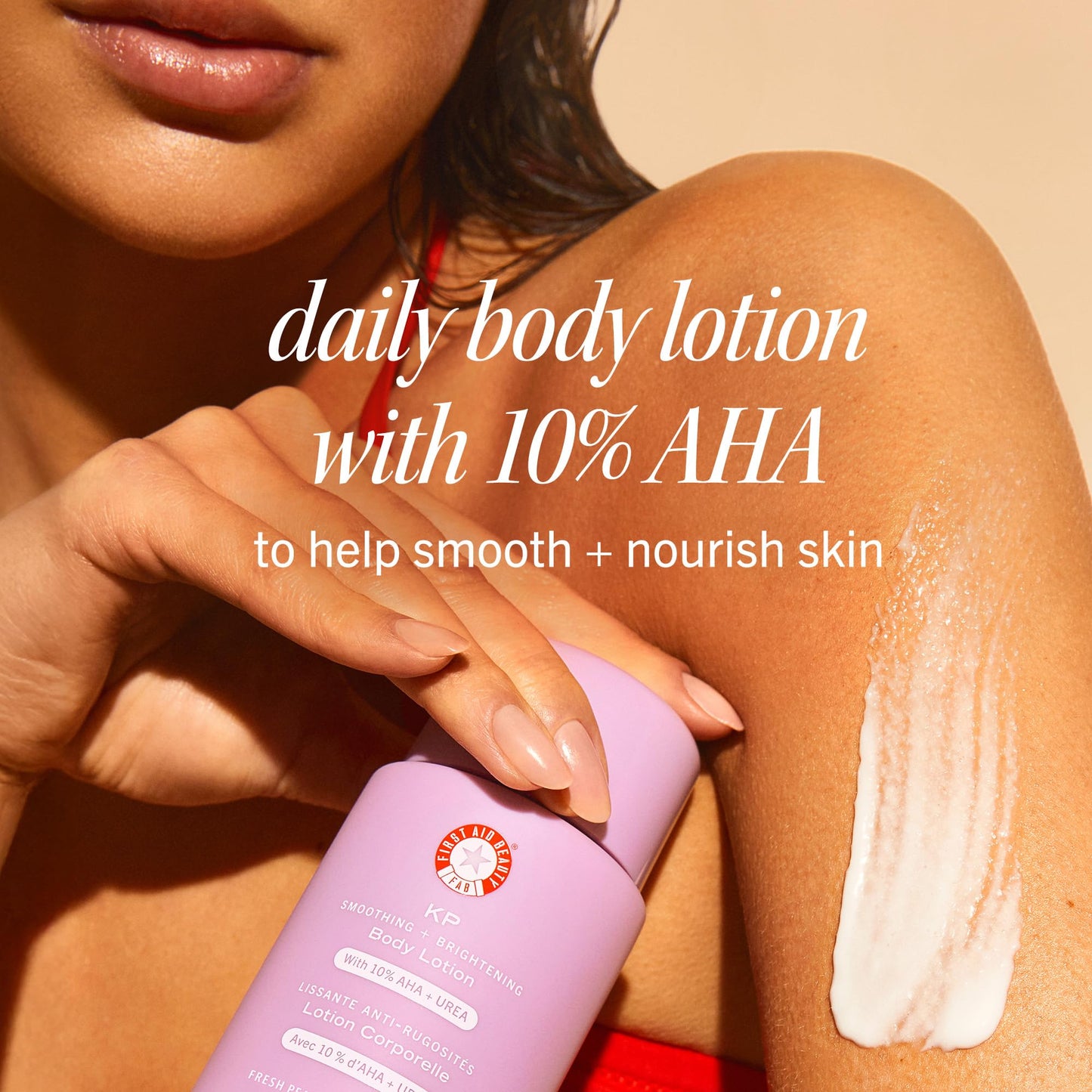 First Aid Beauty KP Smoothing + Brightening Body Lotion, 10% AHA with Lactic Acid, Urea & Colloidal Oatmeal, Exfoliate & Moisturize Keratosis Pilaris Bumps, Peach Scent, 6.7 fl oz