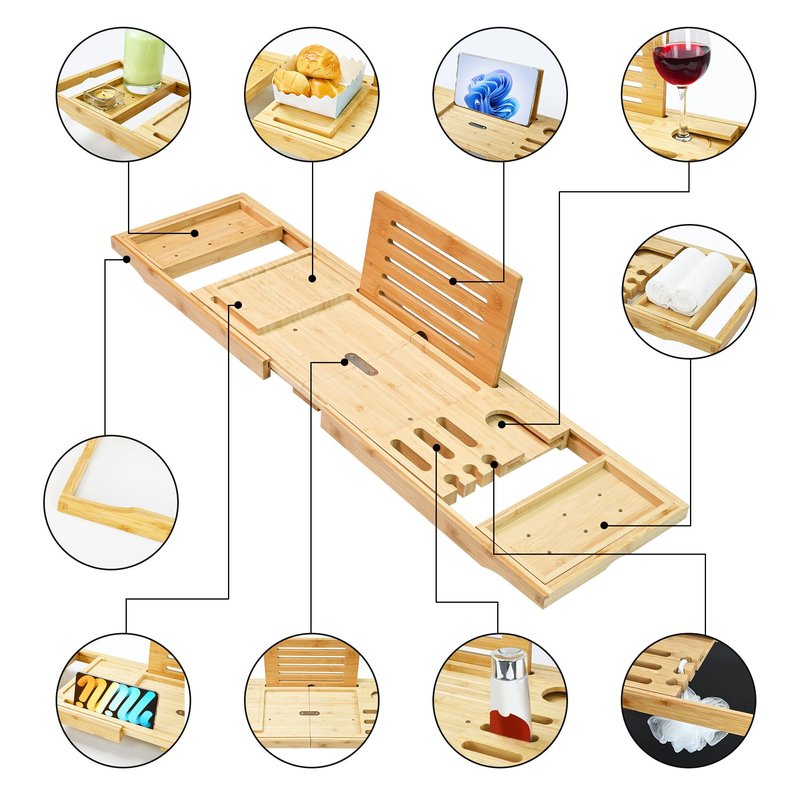Bathtub Tray - Luxury Bamboo Bathtub Tray for Bath Accessories, Expandable Bath Caddy with Wine Glass Holder, for Her, Anniversary, Spa and Relaxation