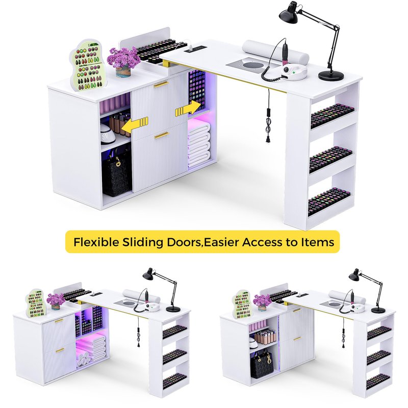 Manicure Table with LED Light, L-Shaped Nail Tech Table w/ Dust Collector & Power Outlets, Corner Nail Station Length Adjustable Nail Desk w/ Sliding Cabinet Door for Home Spa Beauty Salon, White