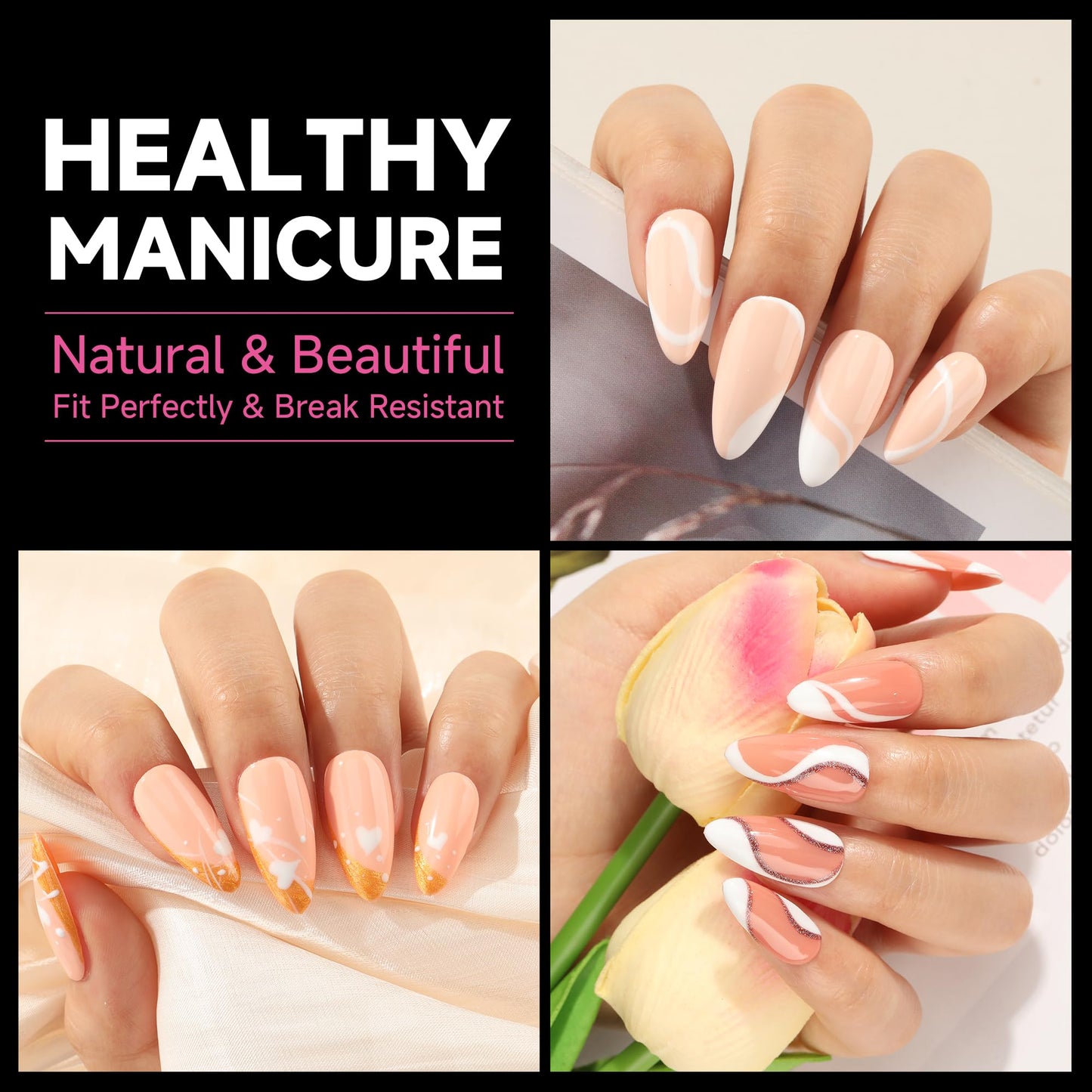 UNA GELLA Almond Fake Gel Nail Tips, 216pcs Medium Almond Pre Shaped Nails Tips for Long-Lasting Acrylic Nails, Perfect for DIY At Home French Style Nail Salon 12 Sizes