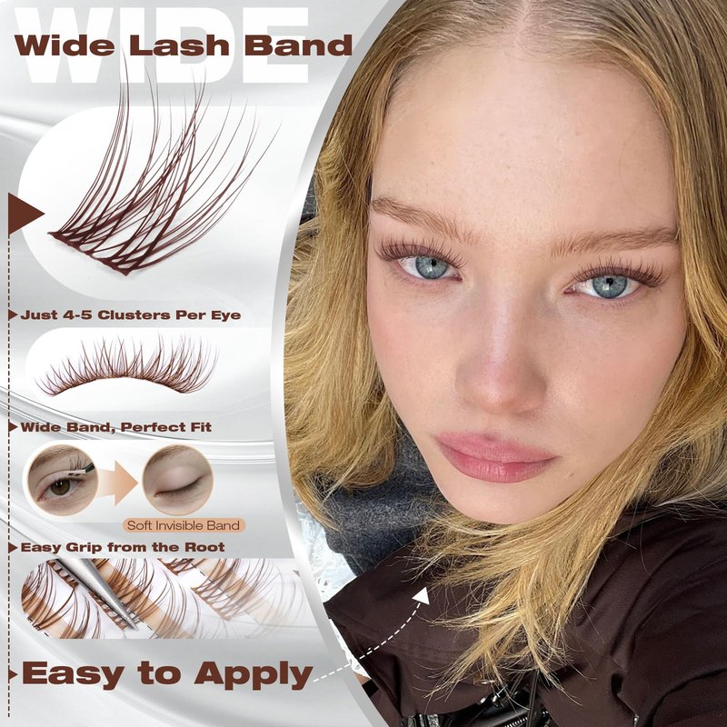 Brown Lash Clusters Natural Velour Eyelash Clusters 8-14mm Wispy Individual Lashes Light Brown Cluster Lashes CC Curl Lashes Clusters with Wide Band for Your Lashes But Better Look by Yawamica