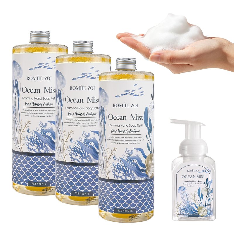 ROMIIE ZOI Hand Soap Refills, Foaming Hand Soap Natural Plant Moisturizing Handsoap Fragrance Ocean Mist - Soft Hand Wash for Kitchen & Bathroom - with Foam Soap Dispenser 1L/33.8oz Pack 0f 3