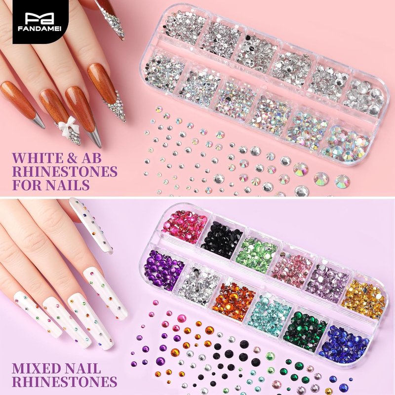 FANDAMEI Nail Art Tools Set - 15 PCS Acrylic Brushes, Dotting Tools & Nail Gems for Creative Designs