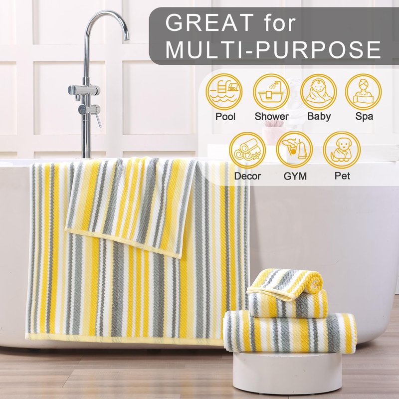 Bath Towels with Hanging Loops, 3PC Striped Towels - 100% Cotton, Quick Dry, Soft, Absorb & Lightweight, 1 Bath 28"x52", 1 Hand 16"x27", 1 Washcloth 13"x13", Shower Towel Decorative Set, Yellow + Gray