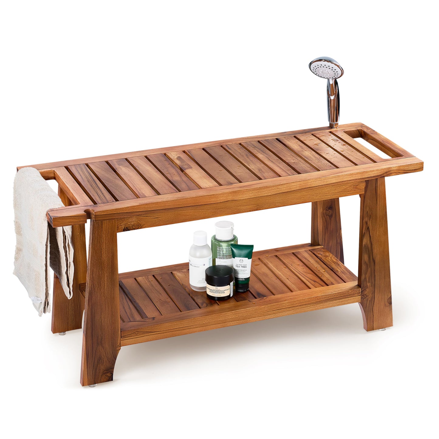 Tinamo 34”L Teak Shower Bench for Inside Showers- 400 Lbs Capacity-Teak Shower Stool, Wooden Bathroom Bench, Shower Chair for Inside Shower with Handles, Teak Benches, Wooden Bench with Shower Holder
