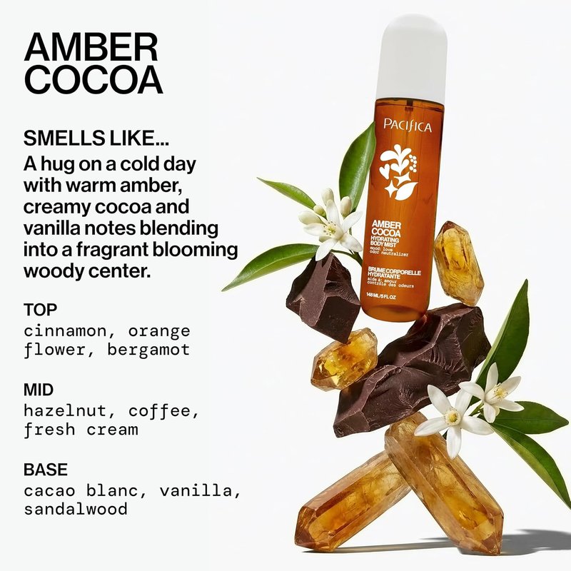 Pacifica Amber Cocoa Gourmand Body Mist - Warm Vanilla Coffee Fragrance Spray | Hydrating, Vegan, 5 oz