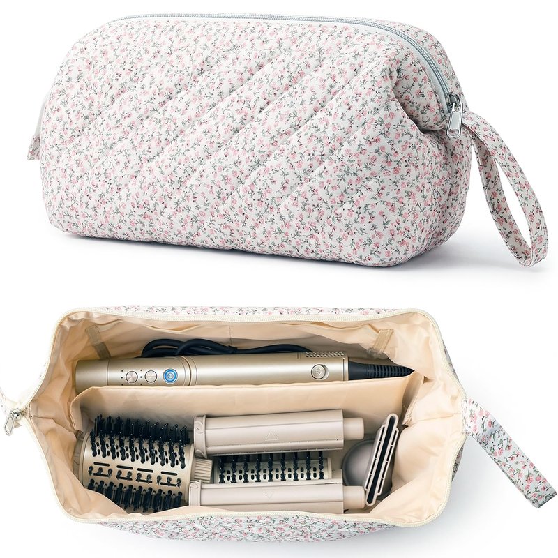 Quilted Hair Tools Travel Bag Compatible with Dyson Hair Dryer Airwrap, Floral Hair Tools Bag Compatible with Shark Flex Style Case, Hair Dryer, Curling Iron, Dustproof Travel Storage Organizer (Pink)