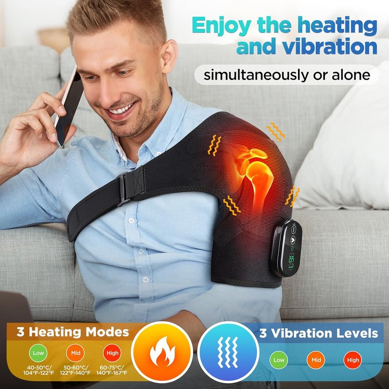 Cordless Portable Shoulder Heating Pad - Vibration Massager for Pain Relief | Adjustable Black Wrap for Rotator Cuff Support