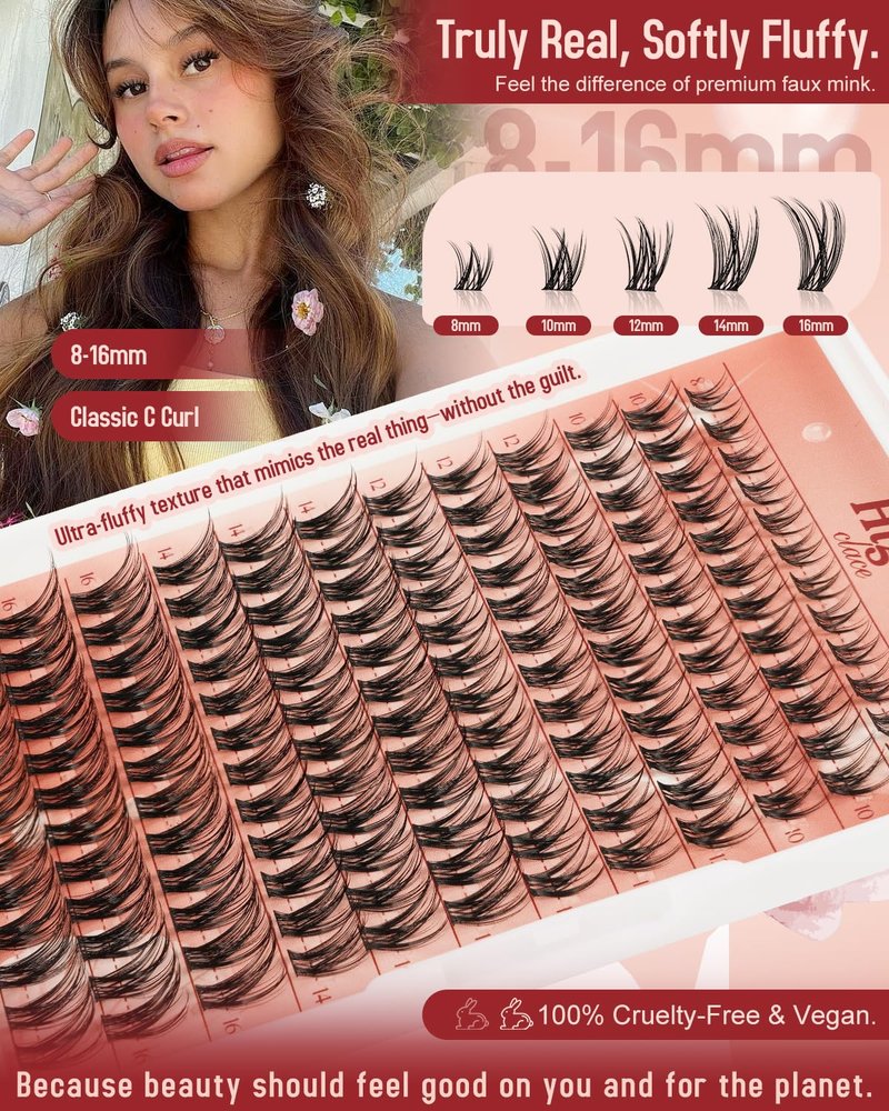 Lash Clusters Kit - 144pcs C Curl Natural Eyelash Extensions | DIY Wispy 8-16mm with Bond & Seal Tweezer