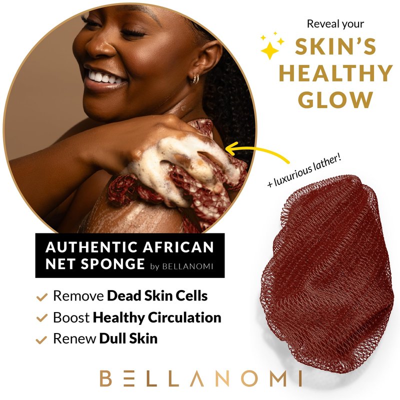 BELLANOMI African Exfoliating Net Sponge, Authentic, Ethically sourced from Nigeria, 45 inches Long, Back Scrubber for Daily use (Copper Brown)