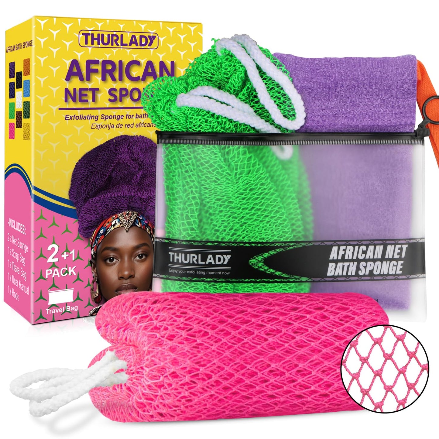 THURLADY African Exfoliating Net Sponge, 2 Pack Exfoliating Body Back Scrubber Bath Sponge for Shower, Exfoliating Washcloth Loofah Towel, Full-Body Gentle Cleansing & Daily Exfoliation, Pink Green