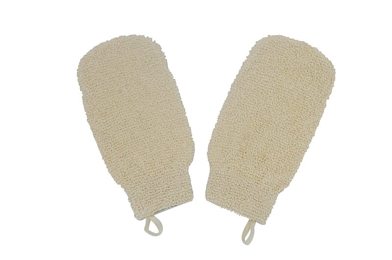 Natural Ramie Dual Sided Exfoliating Glove Hand Mitt Mitten Shaped Back and Body Shower Bath Scrubber White, Remove Dead Skin Machine Washable, Pack of 2