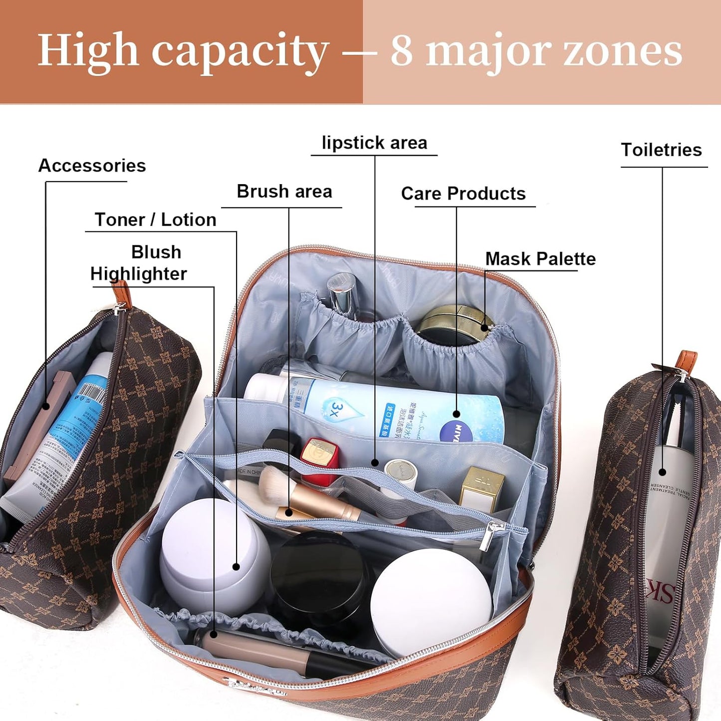 Travel Makeup Bag Set - Large Portable Vegan Leather Organizer | 3 Pcs with Handle - Ideal for Toiletries & Essentials (Coffee)