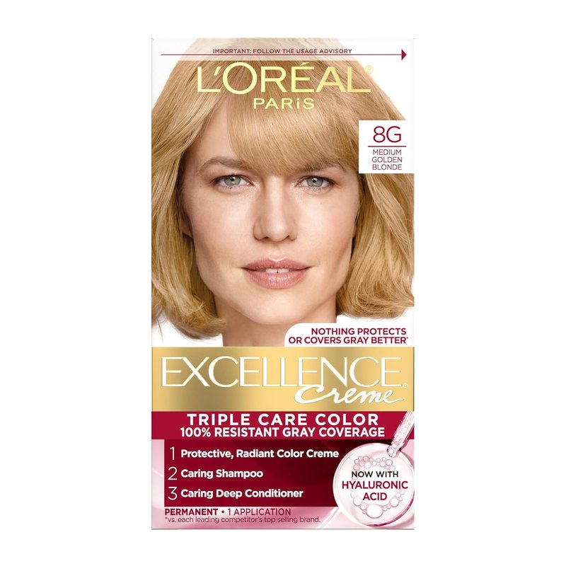 L'Oreal Paris Excellence Crème Permanent Hair Dye, Triple Care Hair Color with Hyaluronic Acid for 100% Gray Coverage, 8G Medium Golden Blonde, 1 Kit (Packaging May Vary)