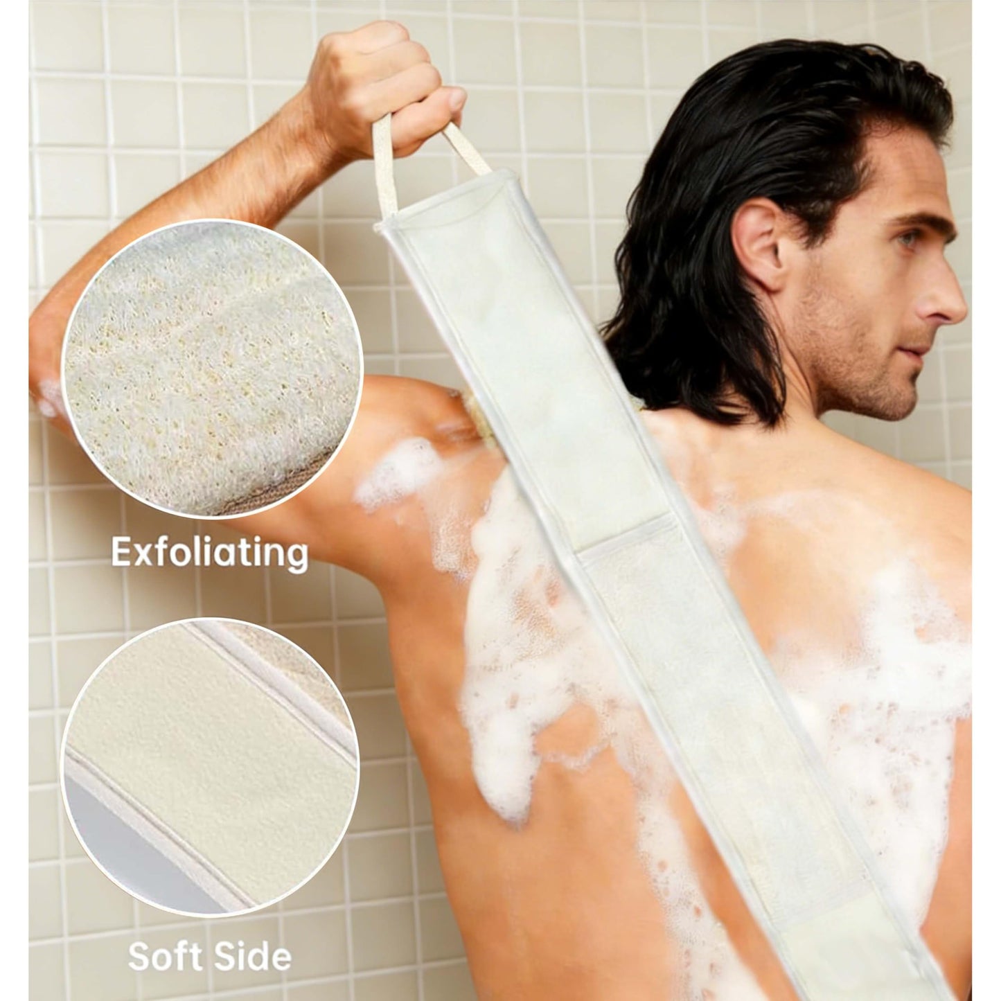 2 Pack Bath Set Natural Loofah Exfoliating Body & Back Scrubber for Bath Shower,Organic Luffa Body Scrubber for Men and Women,Loofah Sponge to Clean Your Back Deeply (Beige)