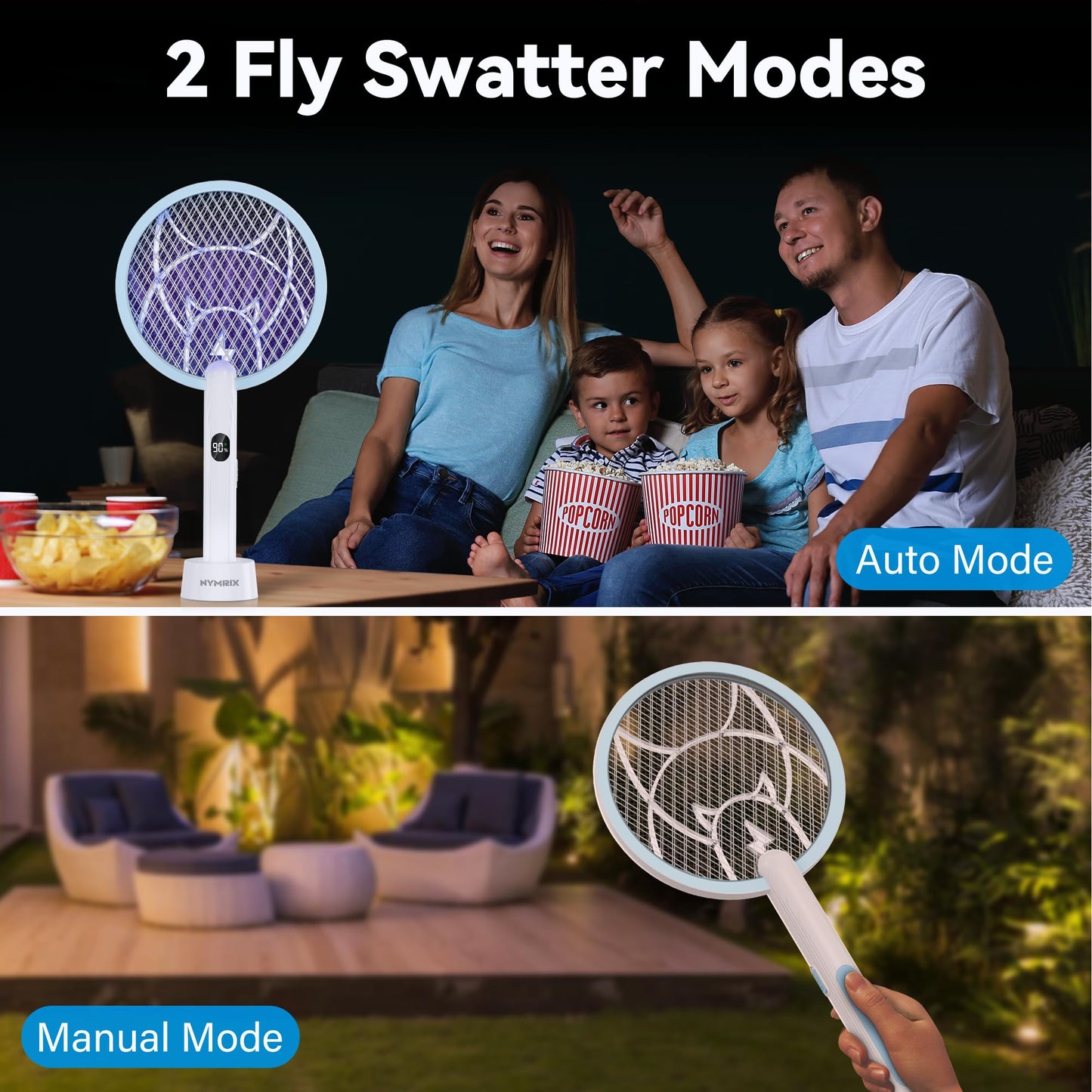 Nymrix Electric Fly Swatter Racket, 2 in 1 Mosquito Bug Zapper 4100V Max Handheld Mosquito Killer with 1800 mAh Rechargeable Battery, Purple Light and 3-Layer Safety Mesh for Indoor Outdoor Blue