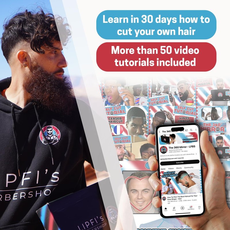 **Lipfis Barbershop 360° Mirror - Tripod Self Hair Cutting Tool with LED Lights & USB-C Charging**