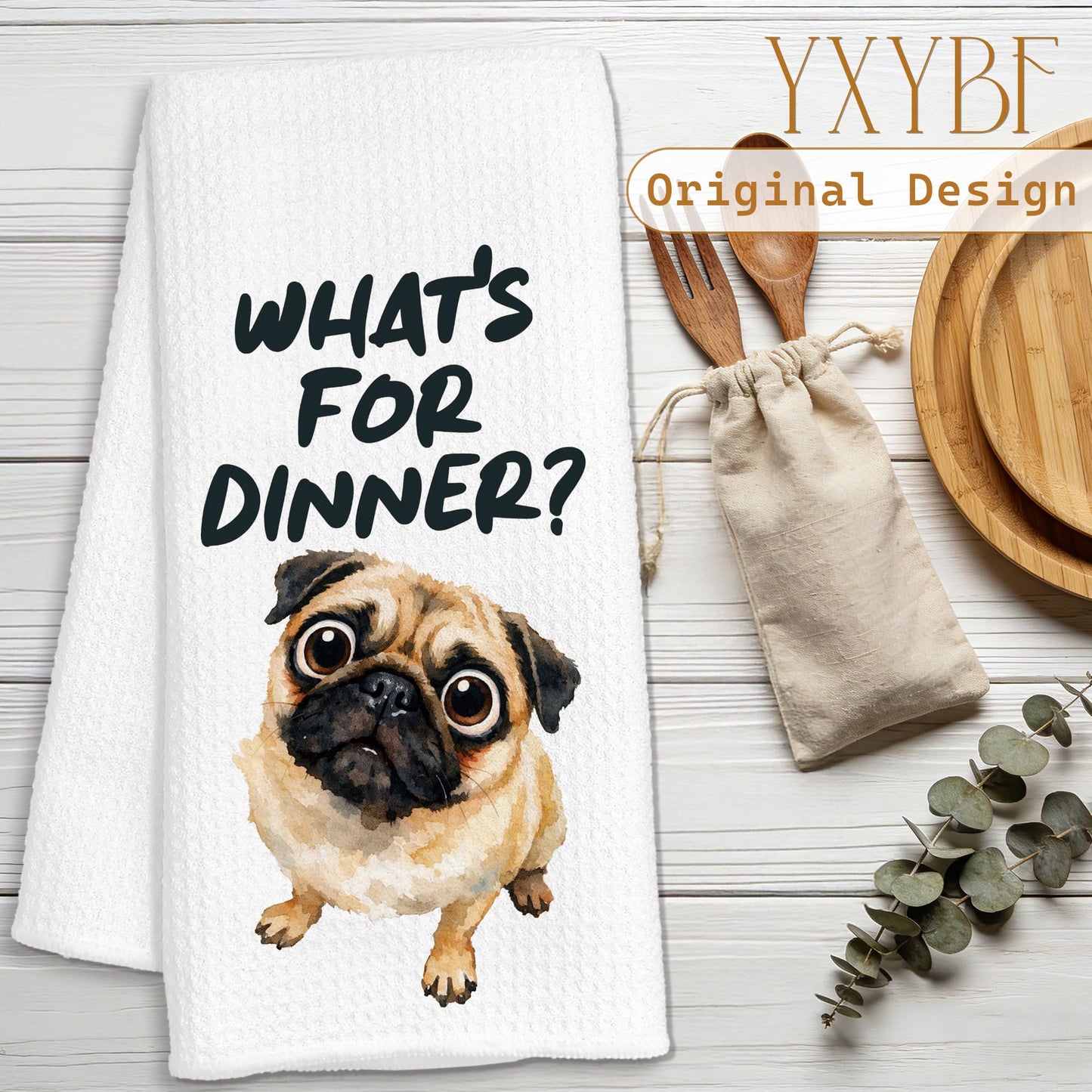 YXYBF Pug Gifts Hand Dish Tea Towels for Kitchen Decor 16x24 Inches, Gifts for Pug Lovers, What's for Dinner Funny Dog Kitchen Towels Decorative