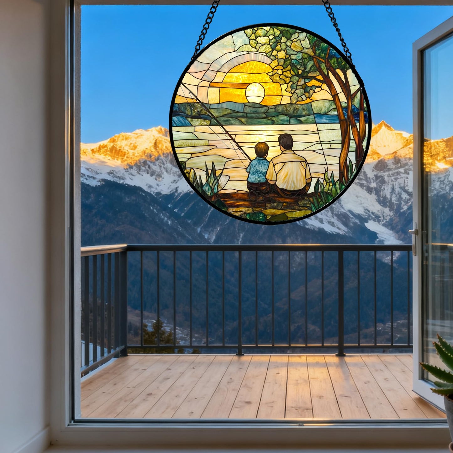 QZQCBLC Stained Glass Window Hanging Sunset View by The Lake 7.8" - Family Fishing Suncatcher Door Garden Sun Catcher Home Decor Birthday Christmas for Mom Men Woman Nana