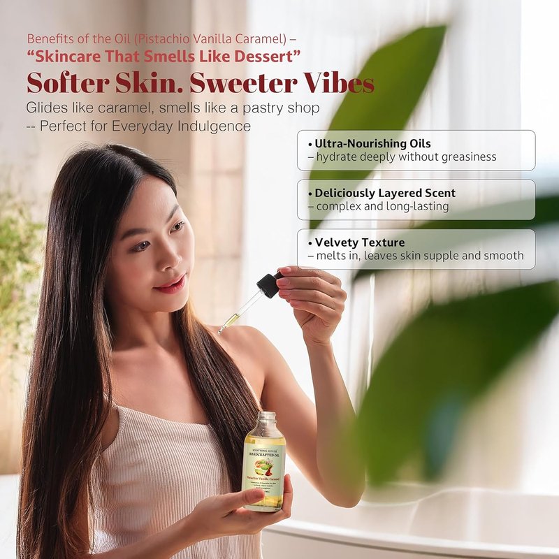 Pistachio Vanilla Caramel Body Oil - Nourishing Moisturizer for Soft, Glowing Skin | Jojoba & Almond Oil (4 fl oz)