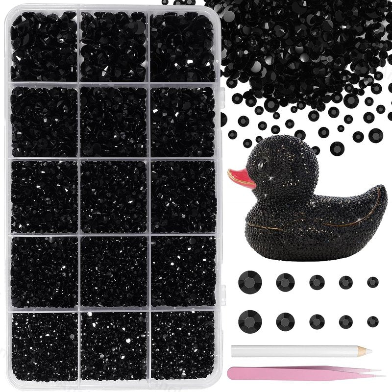 Skiennix 16000 Pcs Black Resin Rhinestones - Flatback Gems for DIY Crafts | Mixed Sizes with Pickup Tool