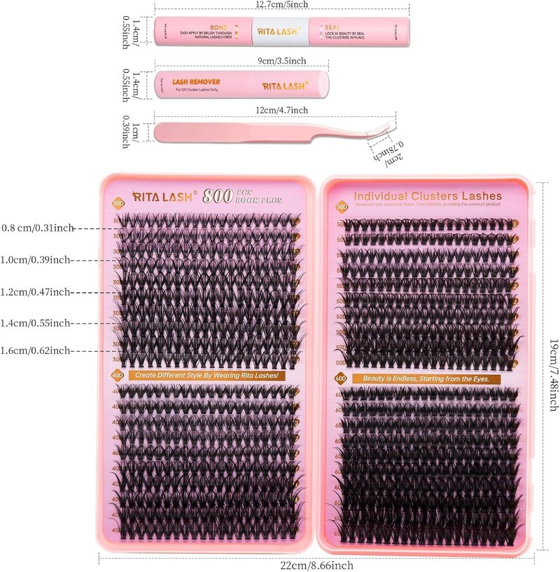 RITALASH Lash Extension Kit - 800pcs DIY Cluster Lashes with Bond, Seal, Remover & Tweezers | 30D-60D, 8-16mm