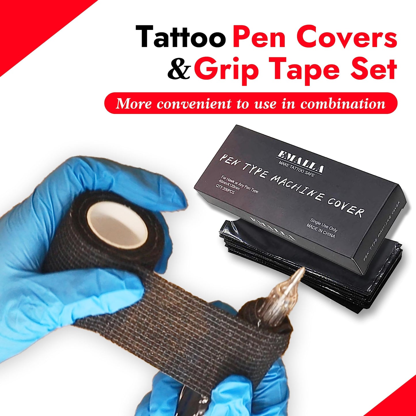Sotica 200PCS Pen Covers with 6PCS Grip Tape - Machine Wrap Cover Black Pen Bags Sleeves Machine Covers with Black Grip Wrap Self-Adherent Tape Plastic Cover
