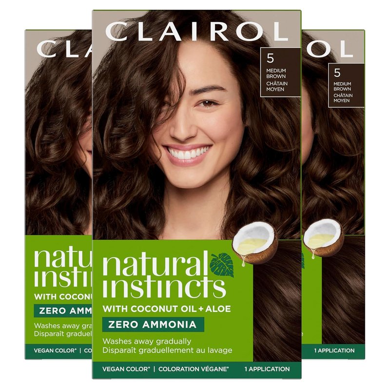 Clairol Natural Instincts Demi-Permanent Hair Dye - Ammonia-Free Vegan Color with Coconut Oil & Aloe Vera | 5 Medium Brown | Pack of 3