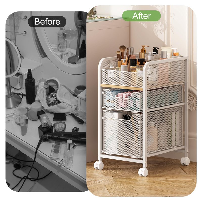 Hongtamoya Rolling Makeup Cart Organizer with 2 Drawers, Narrow Floor Skincare Organizers, Vanity Organizer Cosmetics Display Cases Holder for Skin Care Nail Polish Perfume Makeup Brush, White