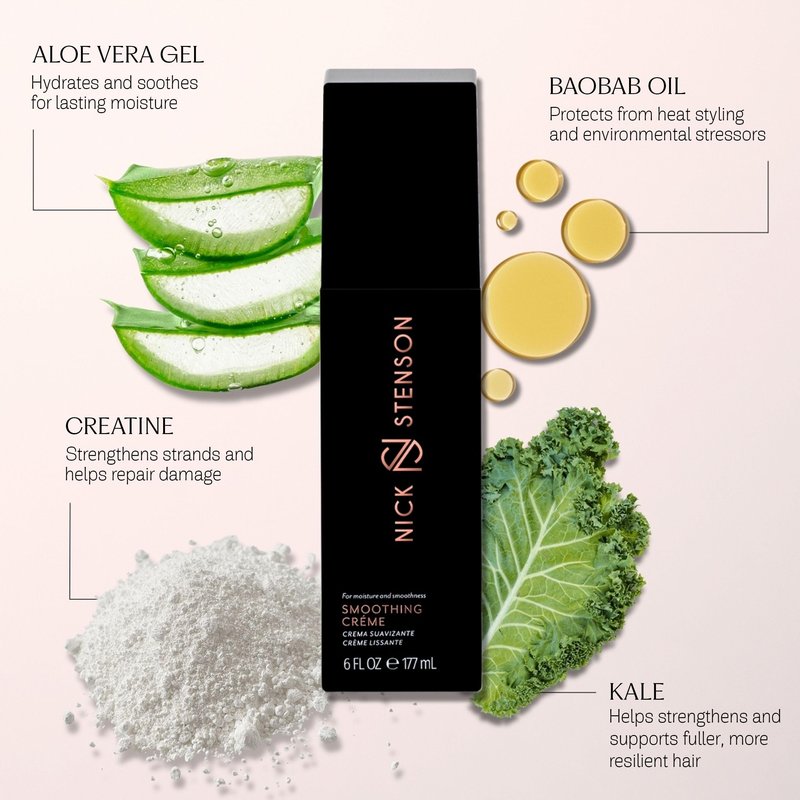 Nick Stenson Smoothing Créme, Moisturizing Anti-Humidity Hair Cream for Frizz Control & Shine - Repairs, Smooths, Strengthens & Maintains Shine for 2-3 Days, Color-Safe Vegan - 6 oz