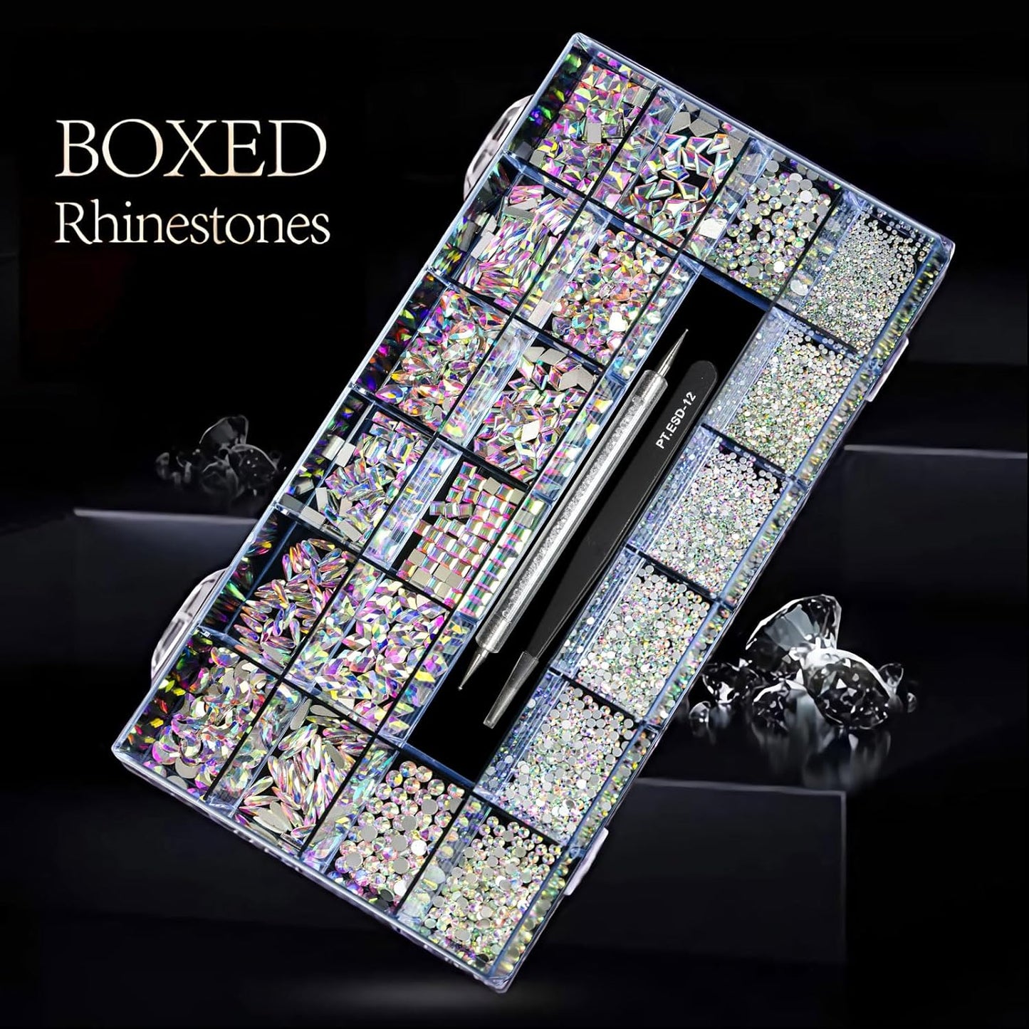 Yzzseven 600 Crystal AB Diamonds & 2500 Flat Rhinestones Set | 12 Types for DIY Crafts & 3D Ornaments