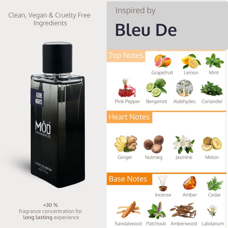Azure Nights Perfume For Men - Inspired By Bleu De Designer Perfume Long Lasting Woody Fragrance Extrait De Parfum 50ml