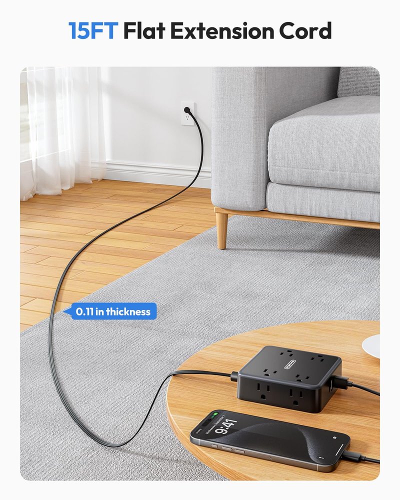NTONPOWER Black Power Strip, 15 FT Power Strip with 8 Widely Outlets 3 USB Ports, Extension Cord with Mlutiple Outlets for Home, Office, Dresser, Dorm Room