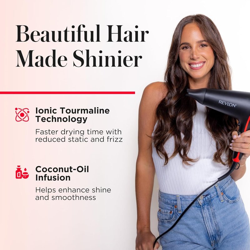 REVLON SmoothStay Coconut Oil Infused Hair Dryer with Diffuser & Concentrator - Ionic Ceramic Blow Dryer for Frizz Control, Shine, Smoothness & Volume, 1875W Lightweight Salon-Quality