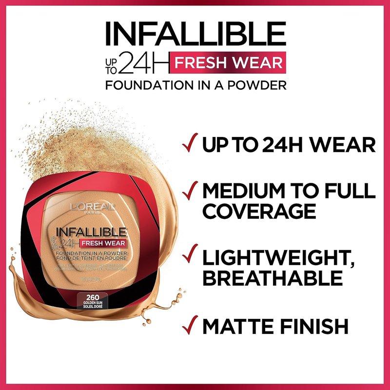 L'Oreal Paris Infallible Fresh Wear Powder Foundation - Waterproof, 24H Wear, Beige Sand, 0.31 oz.