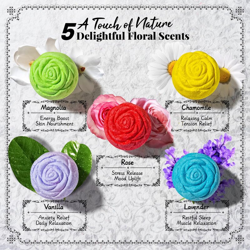 RelaxRose Bath Bomb Gift Set for Women – 10 Pack Handmade with Natural Essential Oils, 5 Aromatic Scents, Relaxing Rose Bubble Bath, Self Care Birthday & Summer Gifts for Mom, Wife, and Her